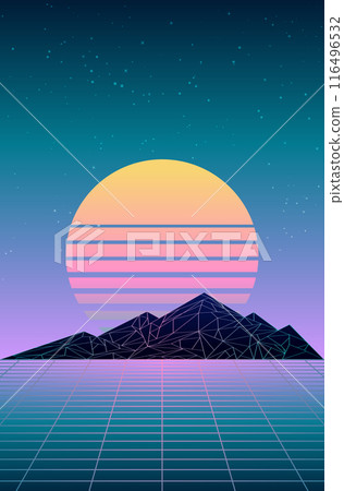 Futuristic neon retrowave background with mountains 116496532