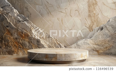 Stone podium mockup. Promotion platform with copyspace. Natural blank luxury pedestal with copy space for banner. Minimalism design. Empty rock stage template Stone podium mockup. Promotion platform with copyspace. Natural blank luxury pedestal with copy space for banner. Minimalism design. Empty rock stage template 116496539
