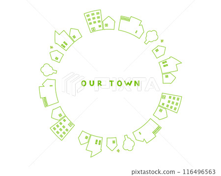 A set of illustrations of a townscape with houses and buildings arranged in a circle 116496563