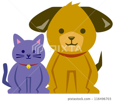 Cute, slightly chubby dog and cat illustration icon sitting / brown and purple 116496703