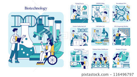 Biotechnology set. DNA manipulation, genetic engineering, and vaccine development processes. Educational illustration of modern laboratory techniques. Vector illustration. Biotechnology set. DNA manipulation, genetic engineering, and vaccine development processes. Educational illustration of modern laboratory techniques. Vector illustration. 116496797