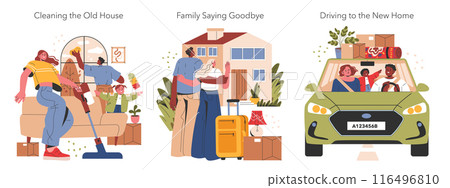 Moving House set. A family engages in the transition from old to new home, depicting cleaning, farewells, and a joyful car trip. Vector illustration. 116496810