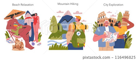 Vacation set. Summertime leisure, outdoor adventures, and urban sightseeing. Beach relaxation, mountain hiking, city exploration themes. Vector illustration. 116496825