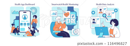 Health Monitoring Devices set. Interactive technology aiding personal health management. Dynamic user interfaces, modern lifestyle integration. Vector illustration. 116496827