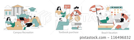 College Life set. Students engaging in campus leisure, buying textbooks, and having a beach holiday. Education, commerce, and relaxation themes. Vector illustration. 116496832