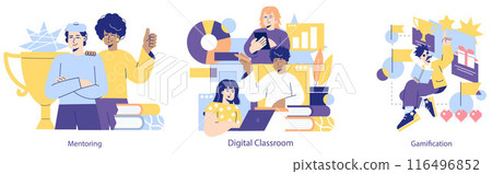 Online Education set. Showcasing mentoring support, digital classroom engagement, and interactive learning through gamification. Vector illustration. 116496852