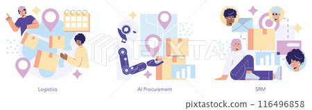 Purchasing innovation set. Logistics, AI procurement, and SRM strategies in modern business. Global supply chain, futuristic tech integration, supplier relationship. Vector illustration. Purchasing innovation set. Logistics, AI procurement, and SRM strategies in modern business. Global supply chain, futuristic tech integration, supplier relationship. Vector illustration. 116496858
