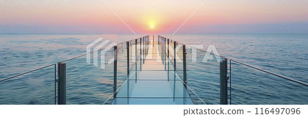AI-generated item. Panoramic view of a pier in the sea at sunset. 116497096