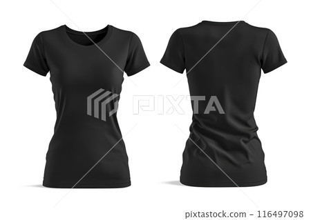 AI-generated item. Black T-Shirt Mockup, front and back view, isolated on white background. 116497098