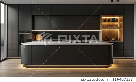 AI-generated item. Luxury black modern kitchen design. 116497138