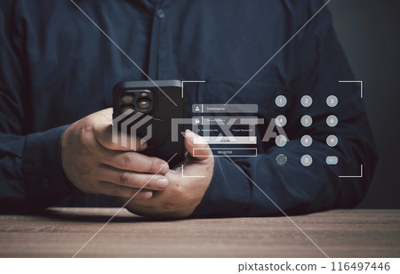 Man presses mobile key to enter code on virtual screen online security. Keep privacy safety protection online. Use protect from crime, hacker, virus. Finance, banking, business. Risk solution. 116497446