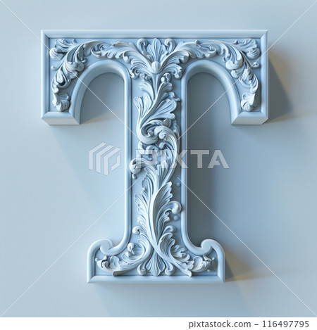 intricately designed letter T, carved with delicate details, stands out against a pure white backdrop. intricately designed letter T, carved with delicate details, stands out against a pure white backdrop. 116497795