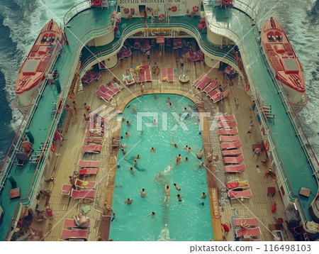 large, luxurious pool on the side of a cruise ship, with crystal clear water, adorned with lounge chairs, surrounded by panoramic views of the ocean. 116498103