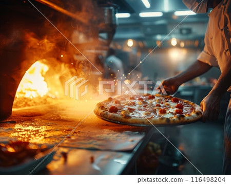 pizza sizzles as it cooks on a hot pizza stone in a wood-fired oven, tended by a skilled chef. pizza sizzles as it cooks on a hot pizza stone in a wood-fired oven, tended by a skilled chef. 116498204