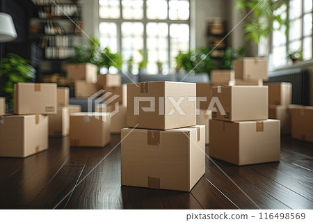 Room full of boxes for moving stacked on top of each other 116498569