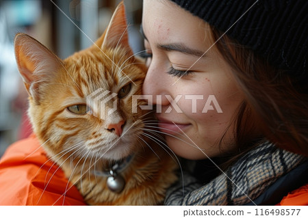 Happy woman holds a red haired cat with a collar in her arms and smiles Happy woman holds a red haired cat with a collar in her arms and smiles 116498577