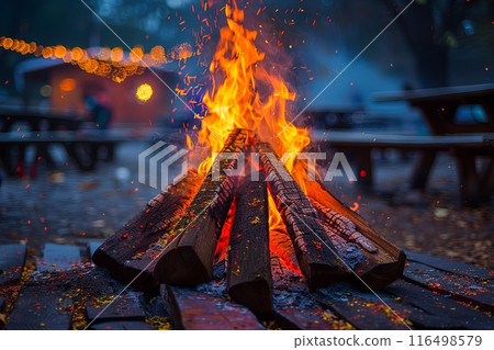 Pile of wood is burning in a fire pit. The scene is set in a park with benches and tables 116498579