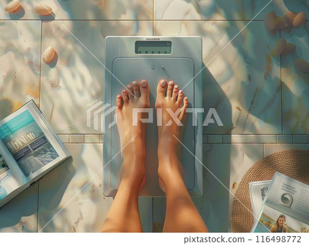 womans feet stand on a scale placed on a tiled floor, revealing her disappointment with the numbers displayed. womans feet stand on a scale placed on a tiled floor, revealing her disappointment with the numbers displayed. 116498772