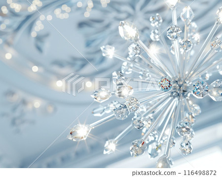 stunning crystal chandelier hangs gracefully from the ceiling, illuminating the room with its sparkling beauty and adding a touch of sophistication to the space. 116498872