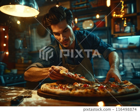 skilled chef wearing an apron meticulously adds delicious toppings to a freshly made pizza in a kitchen. skilled chef wearing an apron meticulously adds delicious toppings to a freshly made pizza in a kitchen. 116498874