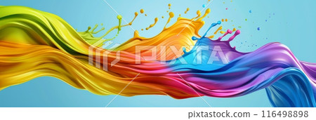 dynamic cascade of multicolored water waves colliding and forming beautiful splashes in a mesmerizing display of motion and energy. 116498898