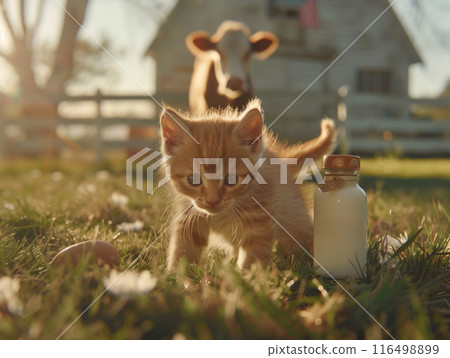 small kitten with fluffy fur is joyfully walking across a lush green grass covered field on a sunny day. 116498899
