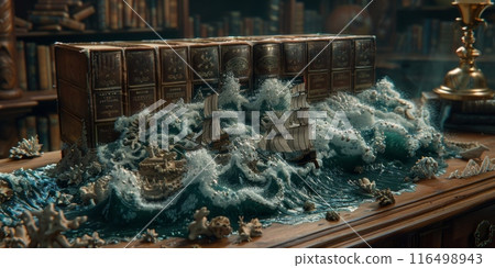 detailed ship model is displayed among vintage books in a library, capturing the essence of exploration and adventure. 116498943