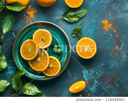 Sliced oranges scattered amidst fresh green leaves on a vivid blue plate, creating a vibrant and colorful scene. 116498961