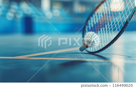 Shuttlecock and badminton racquet on court Shuttlecock and badminton racquet on court 116499020