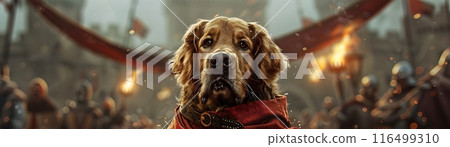 Loyal Canine Knight Guards the Castle Walls Under Flickering Torchlight Loyal Canine Knight Guards the Castle Walls Under Flickering Torchlight 116499310