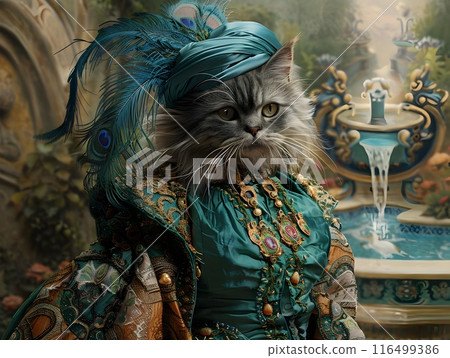 Regal Persian Cat Dressed as Peacock in Ornate Royal Garden with Elegant Fountains  Backdrop 116499386