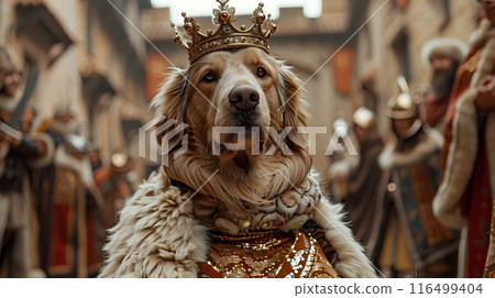 Majestic Golden Retriever Adorned as Regal Ruler in Royal Courtyard 116499404