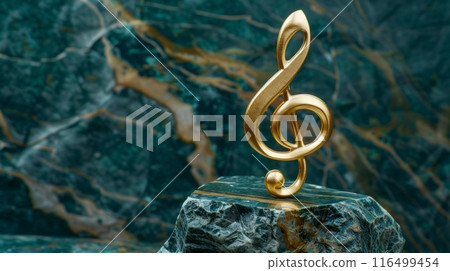 shimmering gold treble clef rests gracefully on a textured rock surface, casting a radiant glow in the light. 116499454