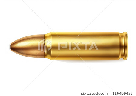 luxurious gold bullet seen against a pristine white backdrop, glowing in the light. 116499455