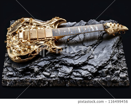 golden guitar rests on top of a black granite rock, gleaming in the sunlight. 116499456