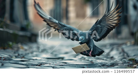 carrier pigeon gracefully soars through the sky with a small box clutched in its beak, delivering an important message. carrier pigeon gracefully soars through the sky with a small box clutched in its beak, delivering an important message. 116499557