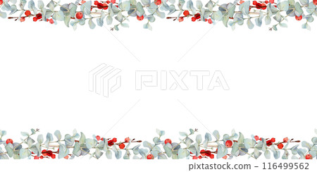 Eucalyptus laurel branches leaves, red berries. Watercolor hand drawn illustration, seamless banner isolated on white. Xmas, happy new year festive, noel navidad. Cards, gifts, florist shop, wedding. Eucalyptus laurel branches leaves, red berries. Watercolor hand drawn illustration, seamless banner isolated on white. Xmas, happy new year festive, noel navidad. Cards, gifts, florist shop, wedding. 116499562