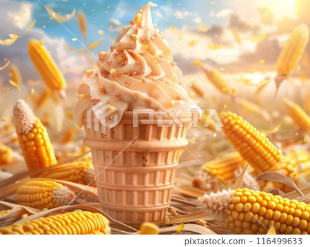 Sweet Corn Ice Cream Banner with Autumn Cornfield 116499633