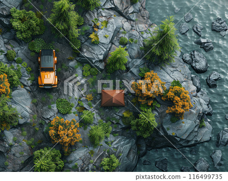 solitary truck is parked on a rugged shore, surrounded by rocky terrain. The scene captures the essence of remote camping and rugged exploration. 116499735