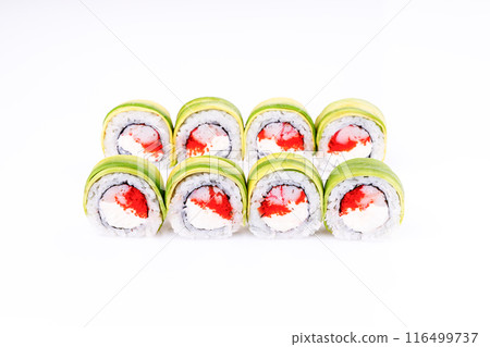 Sushi roll with surimi, avocado, masago caviar and cream cheese 116499737