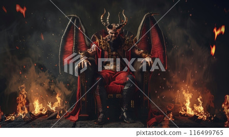 demon, surrounded by flickering flames, sits regally on a throne, exuding power and malice in equal measure. 116499765