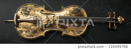 beautifully crafted golden violin is elegantly resting on a sleek black marble table. beautifully crafted golden violin is elegantly resting on a sleek black marble table. 116499766