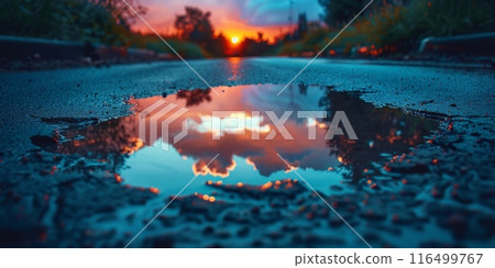 tranquil scene of a puddle of water peacefully reflecting the sky on the side of a road. 116499767