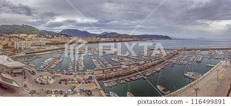 Drone panorama over the harbor of the Italian city of Salerno on the Amalfi Coast 116499891