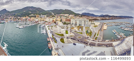Drone panorama over the harbor of the Italian city of Salerno on the Amalfi Coast Drone panorama over the harbor of the Italian city of Salerno on the Amalfi Coast 116499893
