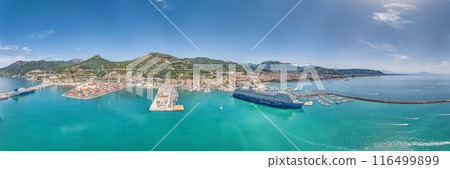Drone panorama over the harbor of the Italian city of Salerno on the Amalfi Coast 116499899