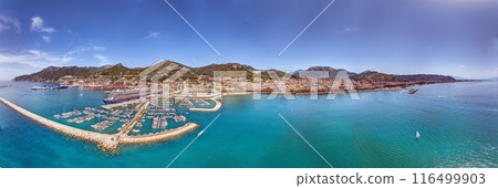 Drone panorama over the harbor of the Italian city of Salerno on the Amalfi Coast Drone panorama over the harbor of the Italian city of Salerno on the Amalfi Coast 116499903