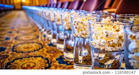 whimsical display of popcorn-filled glasses arranged neatly in a row on a vibrant carpet. 116500147