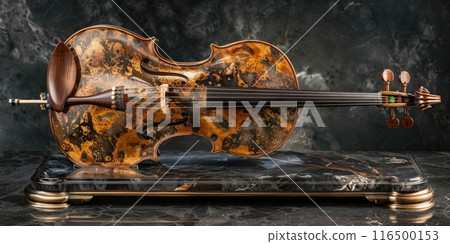 beautiful violin gracefully rests atop a luxurious marble base, exuding sophistication and timeless charm. 116500153