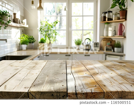Empty wooden table top and blurred white kitchen background product display template 116500551